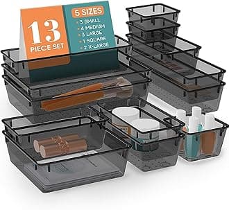 13 PCS Drawer Organizer Set, 5 Varied Size Bathroom and kitchen Drawer cabinet organizer Trays, Clear Storage Bins for Makeup, Jewelry, Utensils and Gadgets, Black
