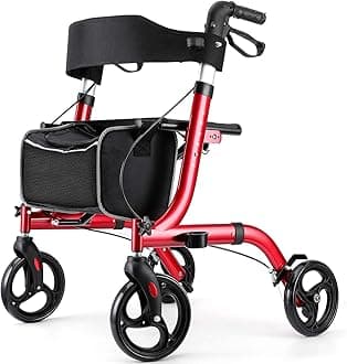Rollator Walkers for Seniors- Rollator Walker with Seat 8" Wheels- Easy Folding Senior Walker with Padded Backrest- Lightweight Mobility Walking Aid for Adult Elderly, Aluminum Frame, Red