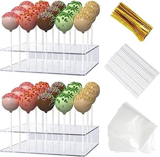 2 Pack Cake Pop Stand with Sticks Kit, Acrylic Lollipop Hold Stand, Clear Cake Pop Display Holder, 15 Holes Candy Pop Holder with 100 Pcs Sticks, 100 Pcs Clear Wrappers, 100 Pcs Gold Twist Ties