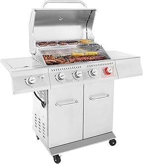 GA4402S 4 Burner Propane Gas Grill with Side Burner & Warming Rack, Stainless Steel Gas Grill with 54,000 BTUs Output for Barbecue Grilling & Backyard Cooking, Silver
