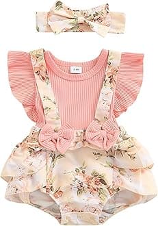 Baby Girl Floral Romper Newborn Dress Ruffle playsuit Suspender Shorts Jumpsuit Cute Summer Clothes and Headband