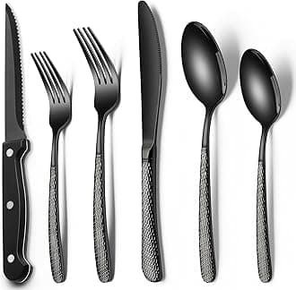 EWFEN 24-Piece Black Silverware Set with Steak Knives, Black Flatware Set for 4, Food-Grade Stainless Steel Tableware Cutlery Set, Mirror Finished Utensil Sets for Home Restaurant, Round Hammered