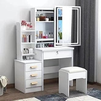 Makeup Vanity Desk with Mirror and Lights, Multifunctional 3 Colour Light Modes Bedroom Dressing Table Chair Wooden Handles and a Lock Easy Assembly Vanity desks (31.5" x 15.75" x 53.15")