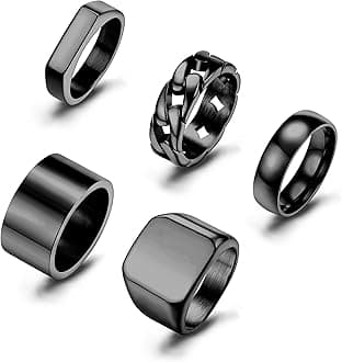 Sanfenly 5 PCS 14K Gold Rings for Men Mens Gold Ring Mens Stainless Steel Rings Square Signet Rings Pinky Thumb Ring Chunky Thick Band Cuban Link Chain Ring Cool Finger Ring Wedding Band Ring for Men（Size 7-15）