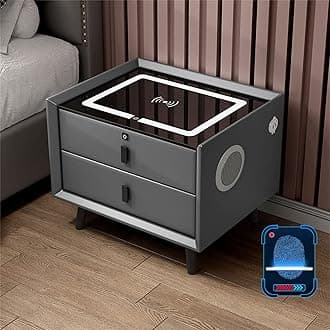Smart Bedroom Nightstand with Fingerprint Lock and Adjustable LED Lights,Modern Bedside Cupboard with USB and Type-C Port, Wireless Charging Station and Speaker,Furniture Small Spaces Side