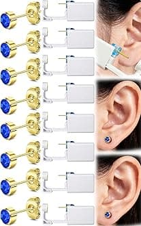 Get the Perfect Ear Piercing with 24 Pcs Premium Ear Piercing Kit - Includes 8 Blue CZ Stones Earrings and 8 Easy-to-Use Self Ear Piercing Gun - Safe and Painless
