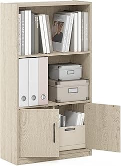 Furinno Gruen 3-Tier Open Shelf Bookcase with 2 Doors Storage Cabinet, Metropolitan Pine