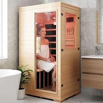 Far Infrared Sauna for 1 Person - 1050W Fast Heating, Canadian Hemlock Wood Home Sauna with Bluetooth Speaker, Chromotherapy & Oxygen Ionizer Easy Assembly Indoor Sauna for Relaxation, Detox, Home Gym
