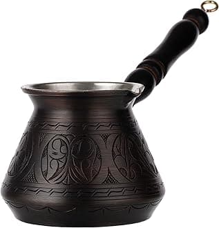 DEMMEX Thick Copper Turkish Greek Arabic Coffee Pot 450 ml – Handmade & Hand-Engraved Cezve Ibrik Briki with Wooden Handle & Spoon, Solid Copper Coffee Maker for Gas Stove, Made in Turkey, Antique