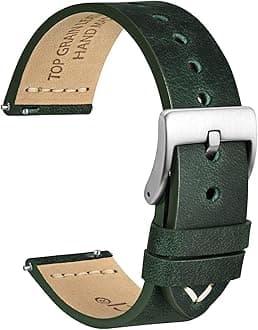 WOCCI 17mm Old-fashioned Watch Band for Men, Top Grain Leather, Silver Brushed Buckle (Army Green)