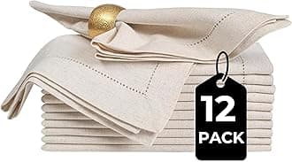 BEDDING CRAFT Set of 12 Linen Flax Cotton Cloth Dinner Napkin with Hemstitched 20x20 Natural, Mitered Corners -Perfect for Wedding, Dinner, Parties and Table Decorations