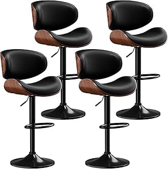 Adjustable Swivel Bar Stools Set of 4, Mid-Century Modern PU Leather Upholstered Counter Height Bar Stool, Kitchen Island Barstools with Back, Black