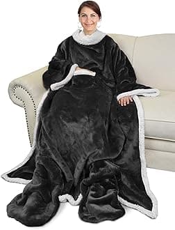 Catalonia Sherpa Wearable Blanket with Sleeves & Foot Pockets for Adult Women Men, Comfy Snuggly Wrap Sleeved Throw Blanket Robe, Gift Idea, Black