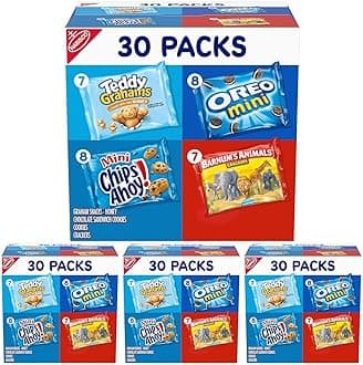 Nabisco Team Favorites Variety Pack, OREO Mini, CHIPS AHOY! Mini, Teddy Grahams Honey & Barnum's Animal Crackers, Christmas Stocking Stuffers, 30 Snack Packs (Pack of 4)
