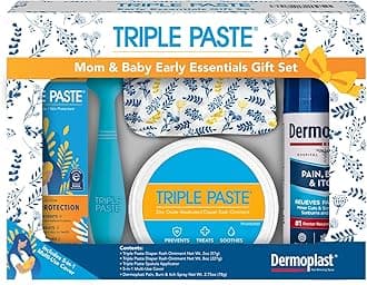 Triple PasteMom & Baby Early Essentials Gift Set with 5 Items, Diaper Rash Ointment 8oz Jar & 2oz Tube, Spatula Applicator, Dermoplast Spray, and Multi-Use Cover, Shower Gifts for Moms