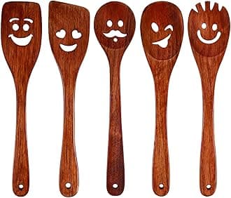 HANSGO 5PCS Wooden Cooking Spoons, Funny Wooden Utensil Set Wood Spatulas with Smile Faces Cute Kitchen Accessories, Best Cooking Gifts for Housewarming Wedding Holidays