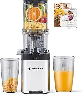 AMZCHEF Cold Press Juicer, Juicer Machines - 4.6" Large Feed Chute for Whole Fruits & Vegetables, Stainless Steel Slow Masticating Juicer Easy to Clean, Large Auger, Double Strainers, Silver