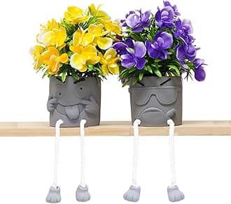 Zerzsy 2Pcs Artificial Plants Succulents, Small Fake Plant in Cement Pots with Hanging Leg, Faux Plants Indoor with Flowers for Kitchen Shelf Decoration,Bathroom Mini Plants Decor