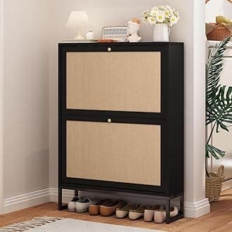 AVZEAR Narrow Shoe Cabinet with 2 Flip Drawer, Freestanding Shoe Organizer Shoe Cabinet Storage for Entryway, Slim Shoe Storage Shoe Rack for Closet with Linen Doors in Hallway, Living Room(Black)