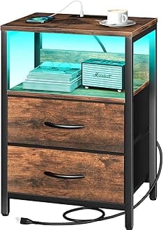 Yoobure Nightstand with Charging Station, LED Night Stand with Fabric Drawers and Storage Shelf for Bedroom, Nightstands Bedside Tables with USB Ports & Outlets, Small Night Stands, Bed Side Table