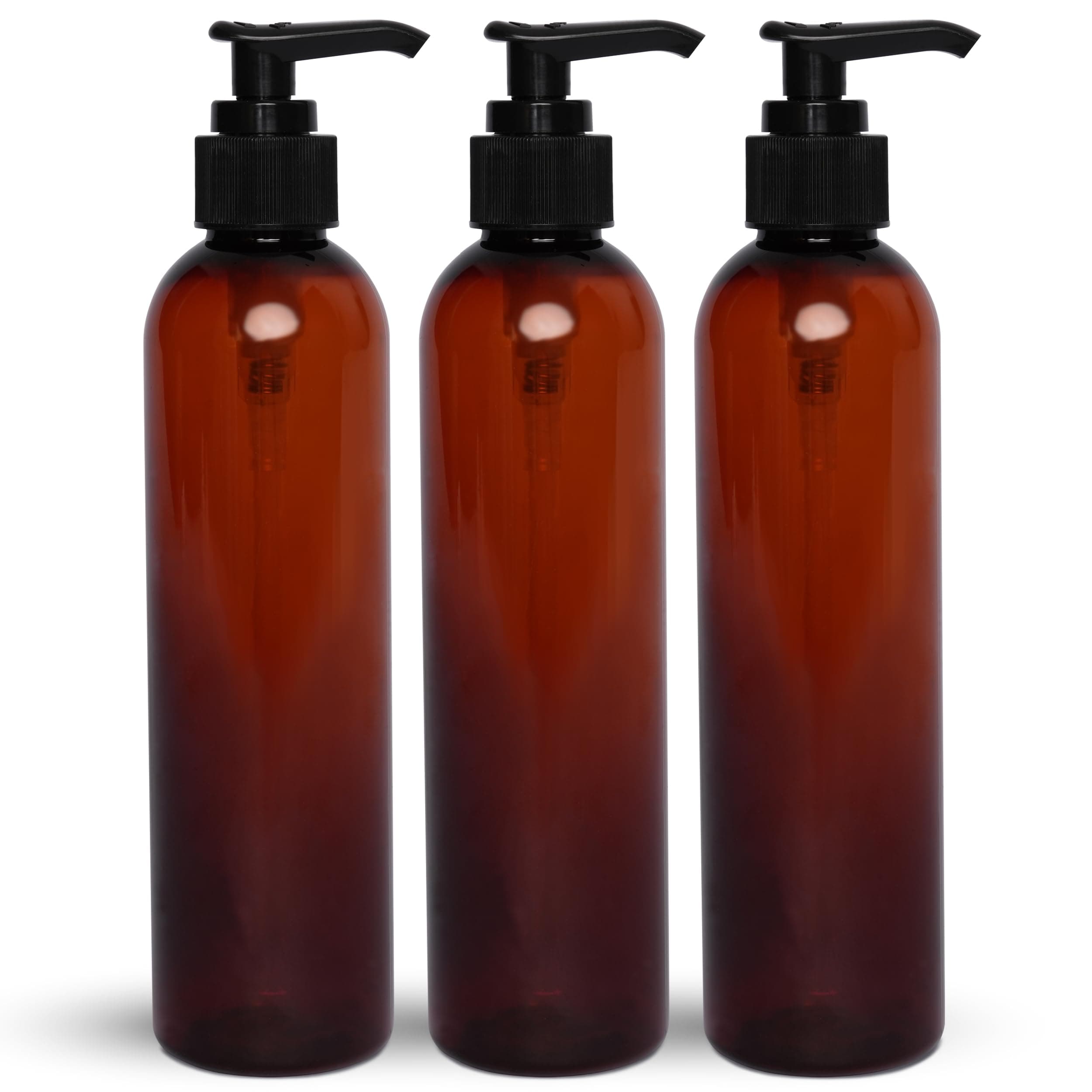 Lotion Pump Bottles, Empty 8 OZ, BPA-Free Refillable Plastic Containers, Amber with Black Dispenser for - Soap, Shampoo, Lotions, Liquid Body Soap, Creams and Massage Oil (3 PACK)