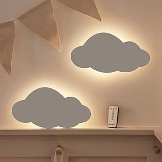 Lights4fun Set of 2 Rechargeable Backlit LED Cloud Wall Lights Children’s Bedroom Nursery Decoration with Remote Control & Timer IP20 Rated Indoor Use