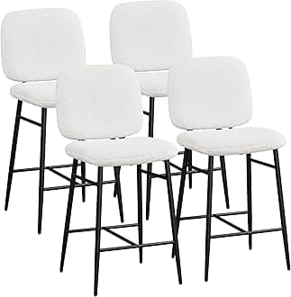 YaheetechBoucle Bar Stools Set of 4 White Fabric Kitchen Counter Stools Upholstered Pub Chairs w/Metal Legs Mid Back for Dining Room Home Bar