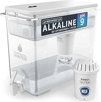 Invigorated Water - Alkaline Countertop Water Filter Dispenser, Large Capacity, Mineralized Alkaline Water, BPA-Free, 96 Gallons/Filter (White, 1 NSF Filters Included)