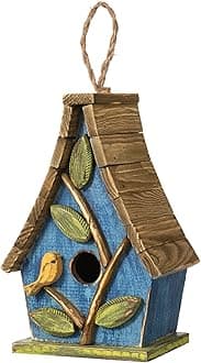 Hanging Bird House for Outdoor, 9.5"H Decorative Pet Cottage Distressed Wooden Bird House with Natural Wood Slatted Roof and 3D Tree for Bluebird Swallow Sparrow Finch Cardinals,Washed Blue
