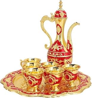 Hapivida Vintage Tea Set, Moroccan Engraved Teapot Set Luxury Metal Coffee Cup Set with Golden Trim Elegant Turkish Coffee Service Set with Tray for Tea Party, Wedding (Red)