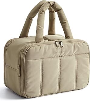 BAGSMART Travel Toiletry Bag, Puffy Large Toiletry Bag for Women, Lightweight Cosmetic Makeup Bag Organizer with Handle for Traveling, Accessories, Essentials, Toiletries, D-Light Camel, Lightweight
