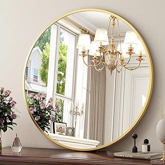 XRAMFY 30 Inch Round Mirror - Circle Mirrors for Bathroom, Entryway and Living Room Wall Decor, Modern Hanging Vanity Mirror, Matte Gold Circle Decorative Wall Mirror