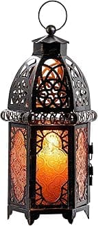 DECORKEY Moroccan-Style Metal Candle Holder, Amber, 12.8'' H x 5.5'' W x 13'' L, Antique Copper Finish, Tabletop & Hanging, Special Occasions, Christmas, Ramadan Decor