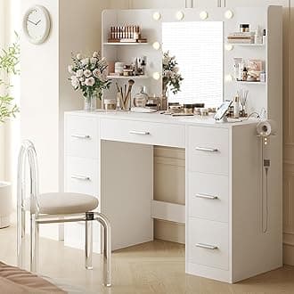 YESHOMY Vanity Desk with Mirror, Power Outlet and 10 Lights, Makeup Table with 7 Drawers, 3 Color Modes Available for Bedroom, Living Room,White