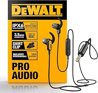 DEWALT Heavy Duty Wired Earphones with Microphone, Jobsite Earbuds Wired 3.5mm, Water-Resistant 3.5mm Earbuds with Mic, Connected Headphones for Outdoor Work