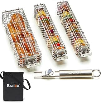 Large Kabob Grilling Basket with Removable Handle. Stainless Steel construction with a Larger Capacity (12 x 2 x 2) and secure easy latch lid. (3-Piece Set – Bag Included)
