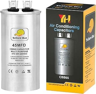 HVAC YELLOW HAT Capacitor for Air Conditioner 45 uf MFD 370 or 440 Volt VAC, Multi-Purpose Round Capacitor, 5 Year Warranty