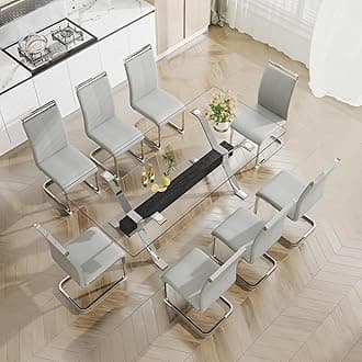 Pvillez Glass Dining Table Set for 8, 9 Piece Dining Room Table Set, 78" Modern Large Glass Kitchen&Dining Room Table w/Silver Metal Legs & Black MDF Crossbars & 8 Light Grey PU Leather Dining Chairs