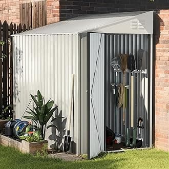 UNIONLINE 4x7 ft Lean to Storage Metal Garden Shed | 214x130m x203 cm | Waterproof | 2.6m² 4.6m³ | Lockable Door | Bike Tool Sheds for Backyard Patio | Garbage Can | White