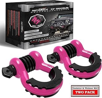 AUTMATCH D Ring Shackle 3/4" Shackles (2 Pack) 41,887Ibs Break Strength with 7/8" Screw Pin and Shackle Isolator Washers Kit for Tow Strap Winch Off Road Vehicle Recovery Pink & Black
