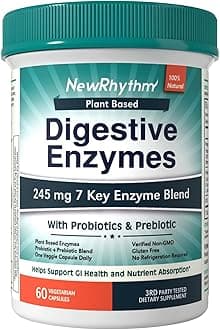 Digestive Enzymes 245 mg, with Probiotics and Prebiotics, Plant Based, 7 Key Enzymes, Digestion, Nutrient Absorption, Protease Amylase & Lipase, 60 Vegan Capsules