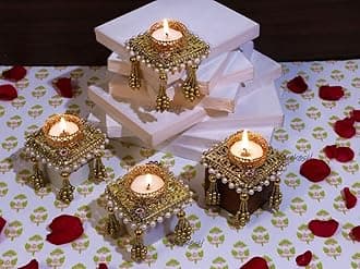 Divyakosh Golden Candle Holders Festive Diya with Artificial Stones, Diwali Home Decoration Items Diya-LED Lights, Decorative Gift | Pooja Festival 8 Pcs | Pooja Diyas for Home Decoration |