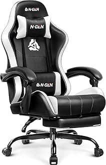N-GEN GAMING Video Gaming Chair with Footrest Lumbar Support for Home Office High Back Recliner Height Adjustable Ergonomic Comfy Leather Computer Desk Chair (White)