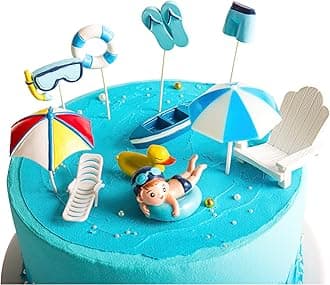 11 Pcs Swimming Pool Cake Decoration - Hawaiian Beach Chair Umbrella Cake Toppers for Summer Birthday Party Supplies, Blue