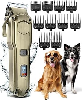Dog Clippers for Grooming for Thick Heavy Coats/Low Noise Rechargeable Cordless Pet Shaver with Stainless Steel Blade/Waterproof Dog Shaver for Dogs Pets and Animals (Gold)