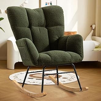 SoarFlash Nursery Rocking Chair Teddy Fabric Glider Chair Upholstered Rocker Accent Armchair with High Backrest and Solid Wood Legs for Nursery Bedroom Living Room Office(Green)