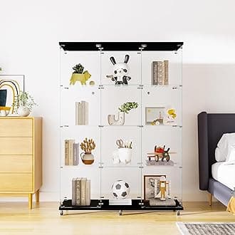 - Frameless Glass Display Cabinet, Curio Cabinet Display Case with Locks and Hinged Doors, Quick-Install Floor Standing Large Showcase Display Shelf for Collectibles, Legos, Figures, Plants
