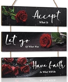 KARINE Red Flower Wall Decor Motivational Words Hanging Sign Rose Flowers Inspirational Quotes Wall Plaque for Office Accept Let Go Have Faith Quotes for Girls Women Living Room Bathroom
