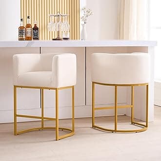 26" H Counter Height Bar Stools Set of 2, Modern Barrel Counter Stools with Backrest and Arms, Gold Metal Frames,Fabric Upholstered Accent Barstools for Kitchen Island, Beige Linen