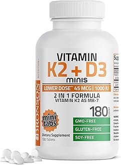 Bronson Vitamin K2 (MK7) with D3 Lower Dose 45mcg Vitamin K2 & 1000 IU Vitamin D3 Easy to Swallow Daily Maintenance 2 in 1 Formula Non-GMO, 180 Mini Tablets